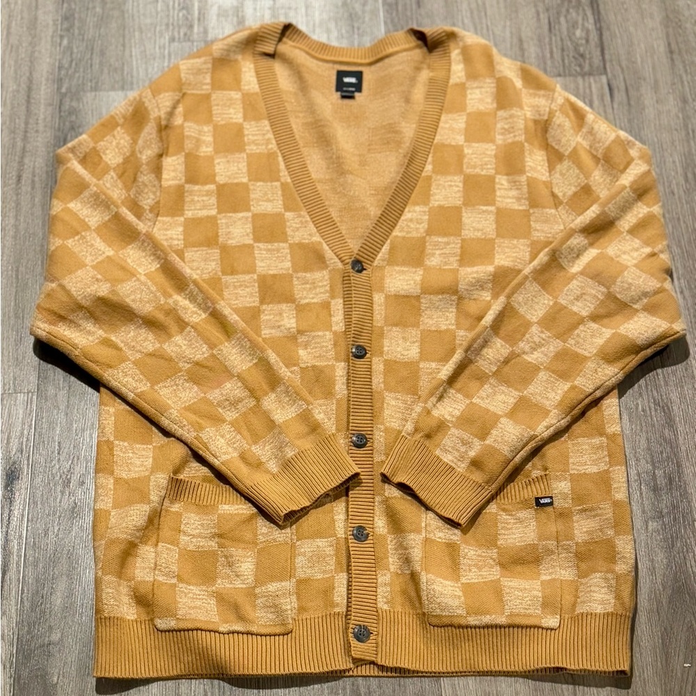 VANS Cardigan Sweater Men XX-Large Wheat Mustard Jacquard Check Checkerboard